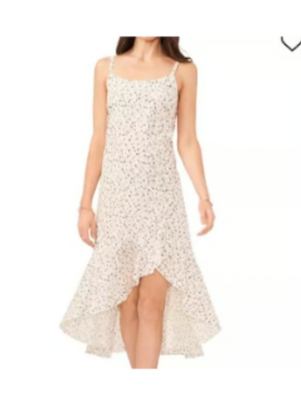 Vince Camuto Sleeveless Ruffled Hi Low Midi Dress Cream Black Gold Floral Large